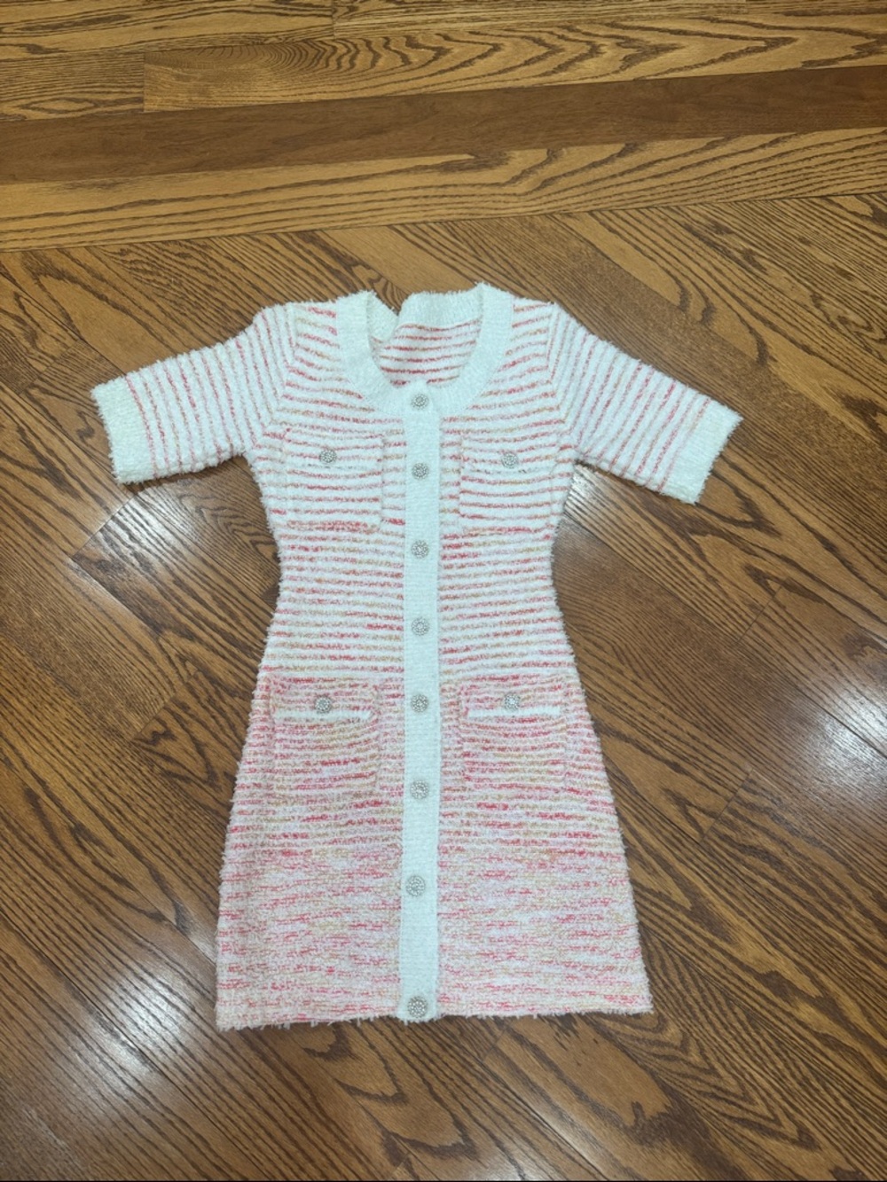 Textured Pink & White Knit Button-Front Dress